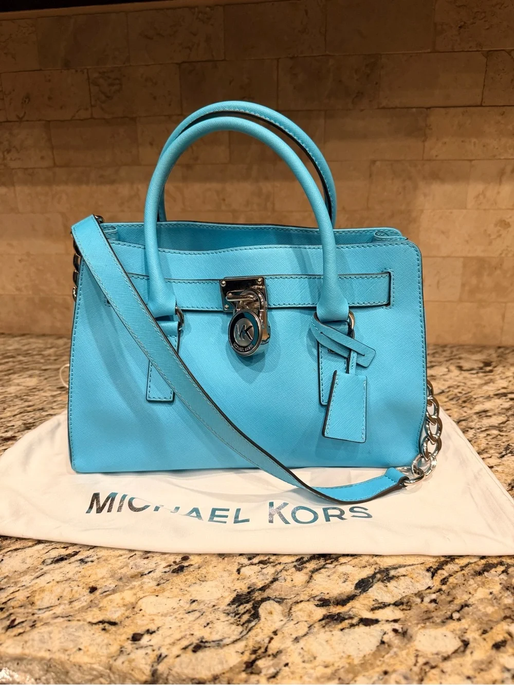 Michael Kors Hamilton Turquoise Saffiano Leather Handbag with Lock Charm